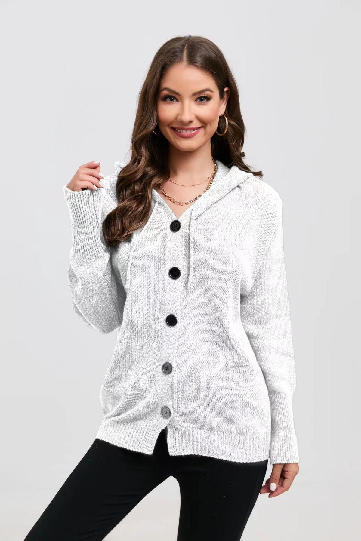 Women's Fashionable Knit Coat with Hood and Decorative Button Details