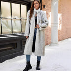Women's Long Faux Fur Coat with Stand-Up Collar and Pockets