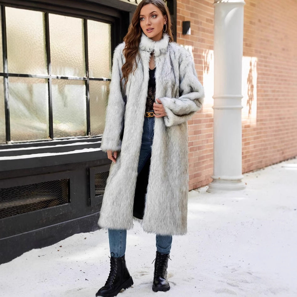 Women's Long Faux Fur Coat with Stand-Up Collar and Pockets