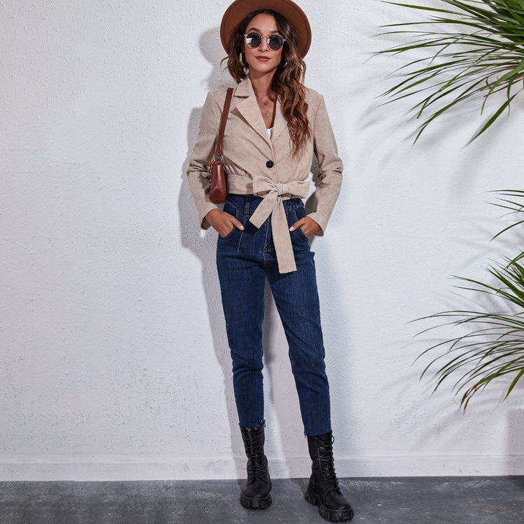 Women's Cropped Blazer with Waist Belt and Modern Cut