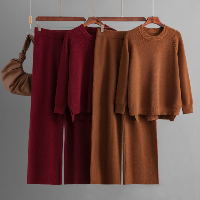 Women's Casual Knit Lounge Set with Wide Top and Comfortable Pants