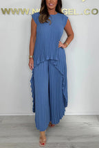 Women's Casual Pleated Pantsuit with Overlapping Top