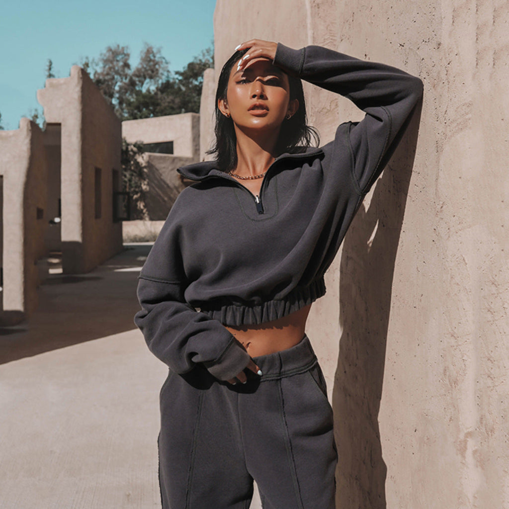 Women's Cropped Zip-Up Sweatshirt with Ruffle Details