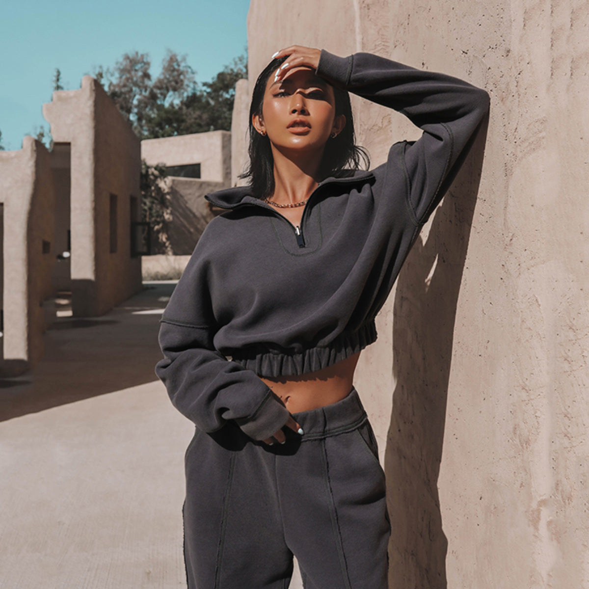 Women's Cropped Zip-Up Sweatshirt with Ruffle Details