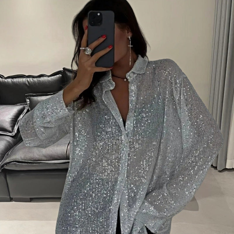 Women's Glittering Oversized Shirt with Sequins