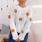 Cozy Fluffy Sweater with Playful Floral Appliqués