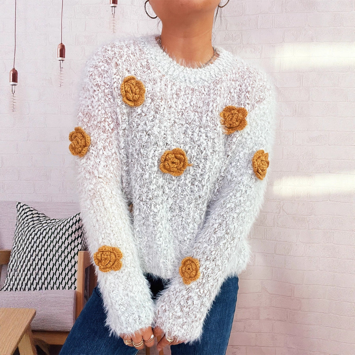 Cozy Fluffy Sweater with Playful Floral Appliqués
