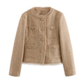 Women's Elegant Tweed Jacket with Fringe and Pockets