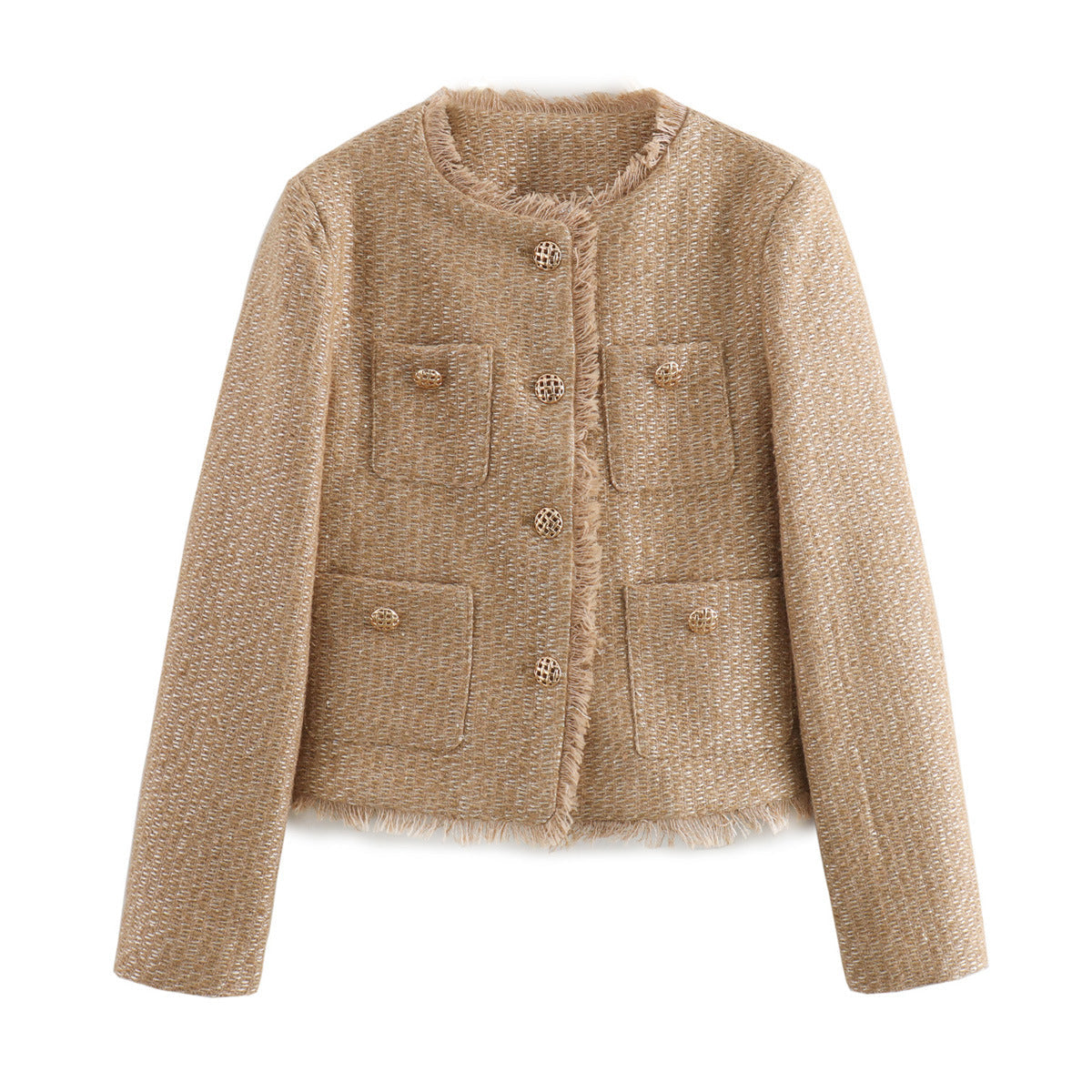 Women's Elegant Tweed Jacket with Fringe and Pockets