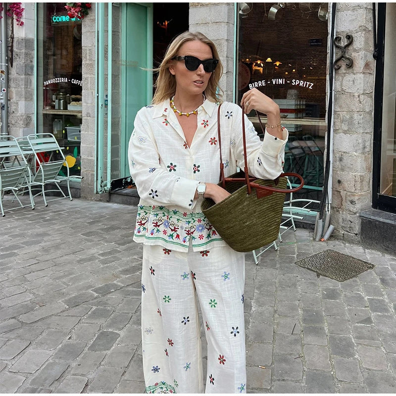 Women's Elegant Casual Wide-Leg Trousers with Floral Embroidery