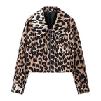 Women's Cropped Leopard Print Jacket with Snap Buttons