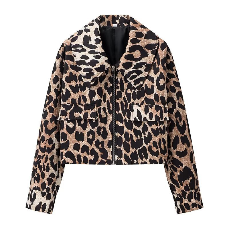 Women's Cropped Leopard Print Jacket with Snap Buttons