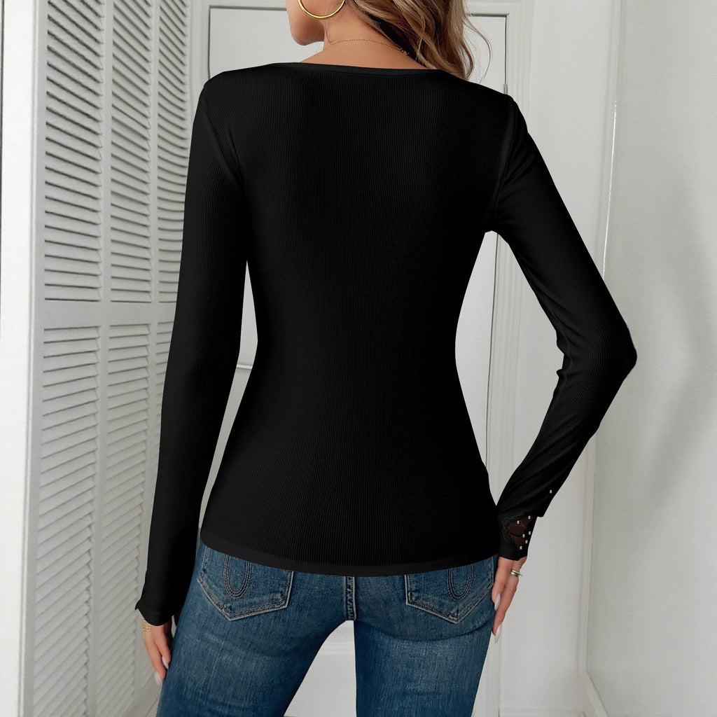 Elegant Long-Sleeve Shirt with Floral Lace and Glitter Accents