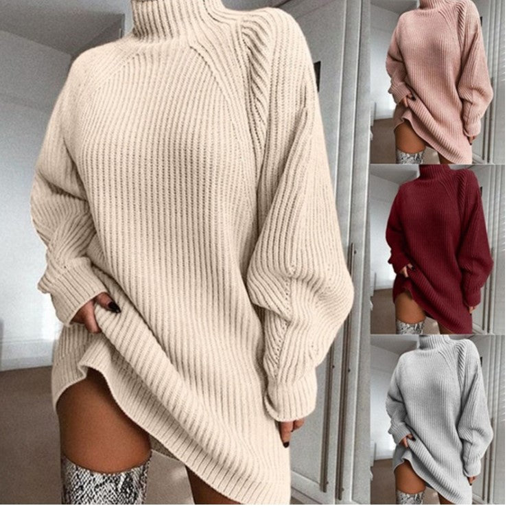 Women's Large Knit Sweater with High Collar and Wide Sleeves