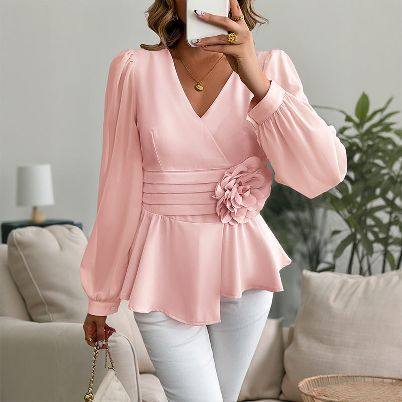 Women's Wrap Blouse with Decorative Floral Appliqué