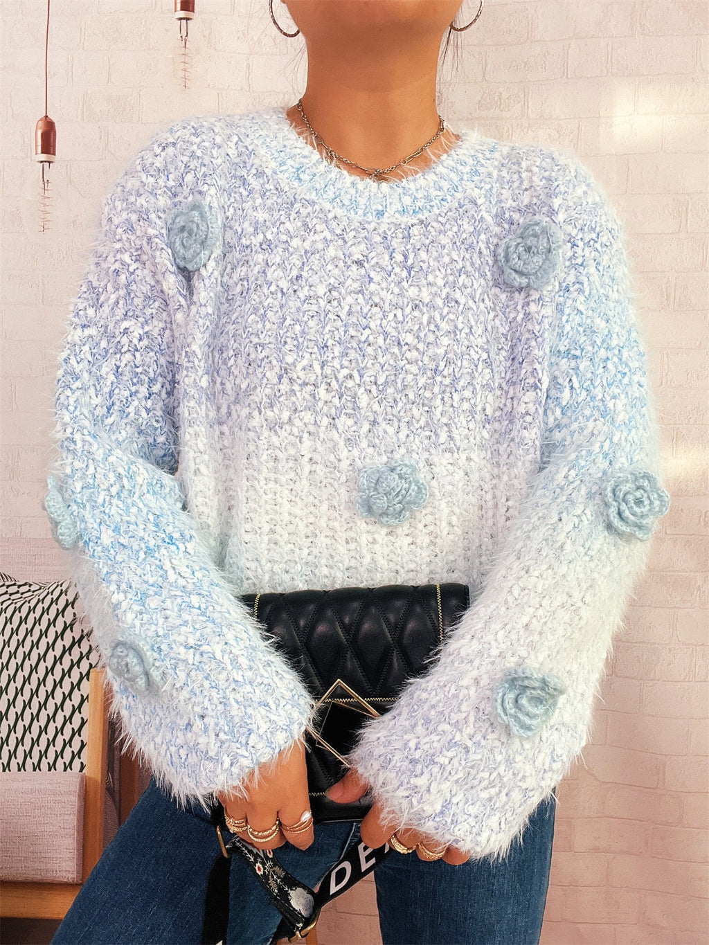 Cozy Fluffy Sweater with Playful Floral Appliqués