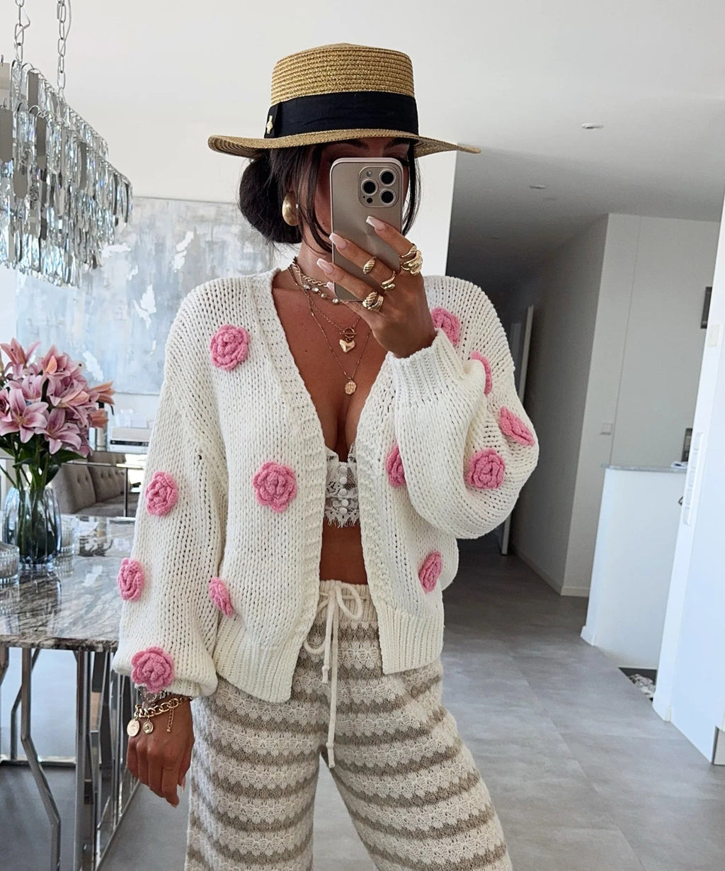 Women's Cozy Knit Cardigan with Playful Floral Appliqués