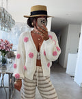 Women's Cozy Knit Cardigan with Playful Floral Appliqués