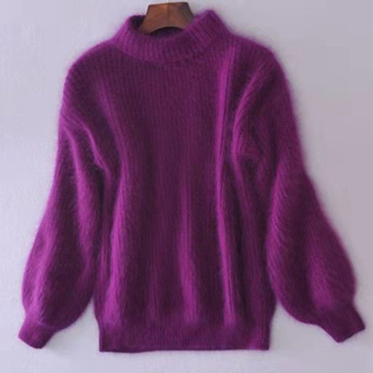 Women's fluffy turtleneck pullover with puff sleeves and textured design