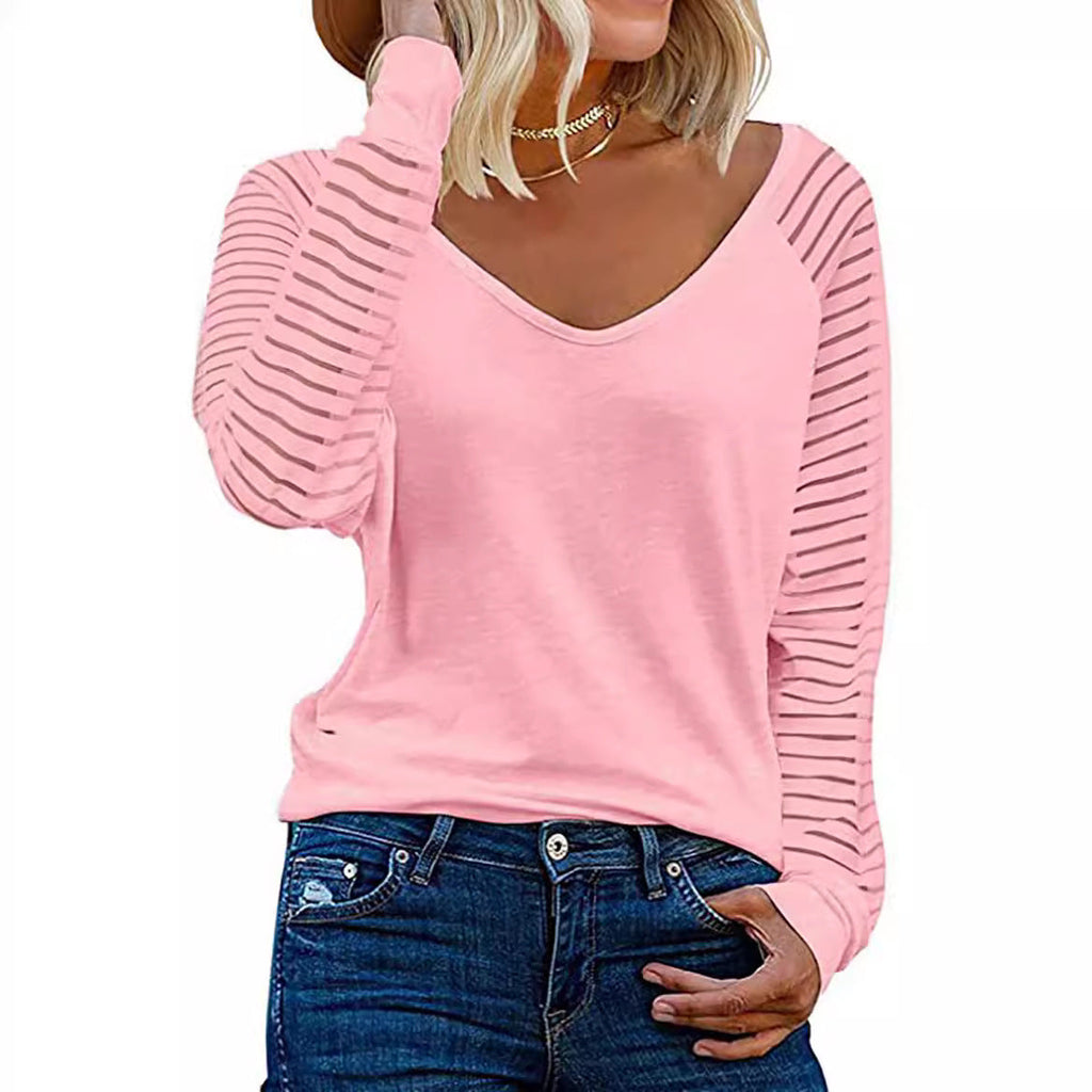Women's Long-Sleeve V-Neck Shirt with Striped Sleeves