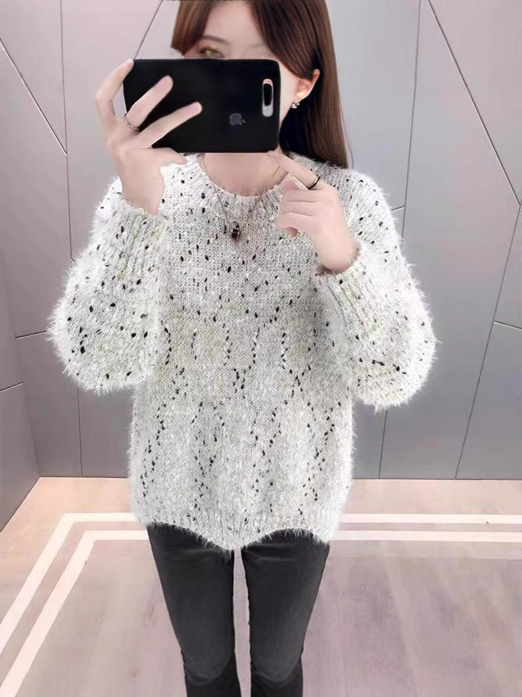 Women's Fluffy Sweater with Unique Texture and Sparkling Accents