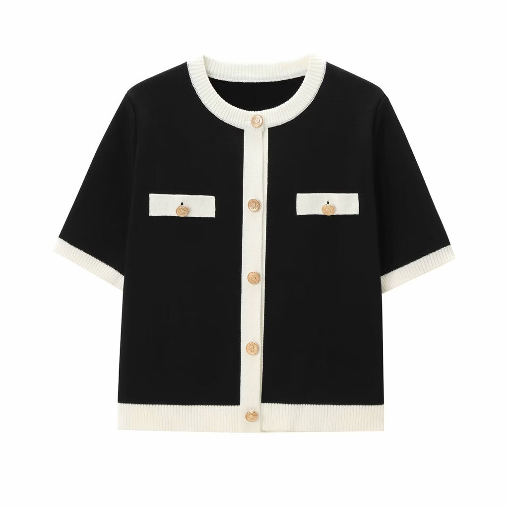 Women's Elegant Short-Sleeve Cardigan with Button Details and Pockets