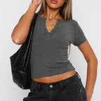 Women's Short-Sleeve Polo Shirt with Full Button Placket