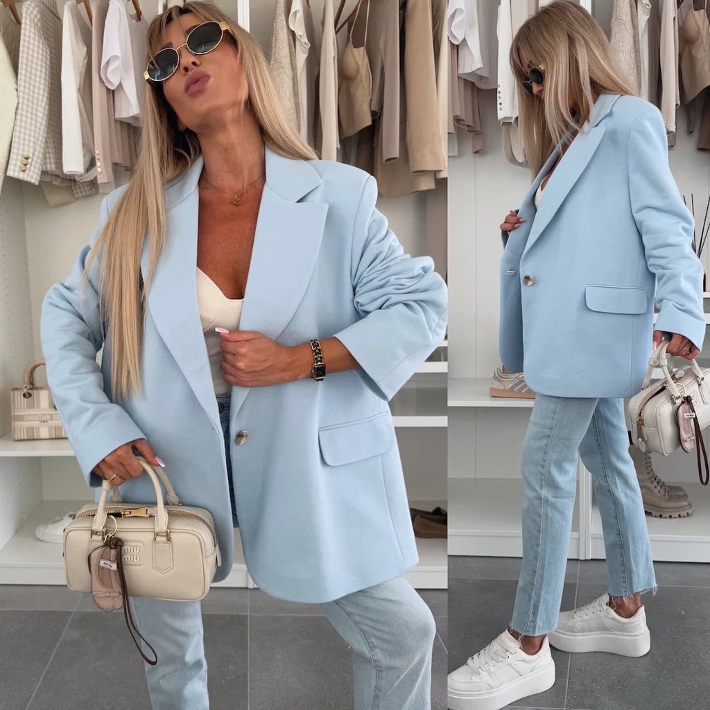 Women's Elegant Oversized Blazer with Deep Lapel and Pockets