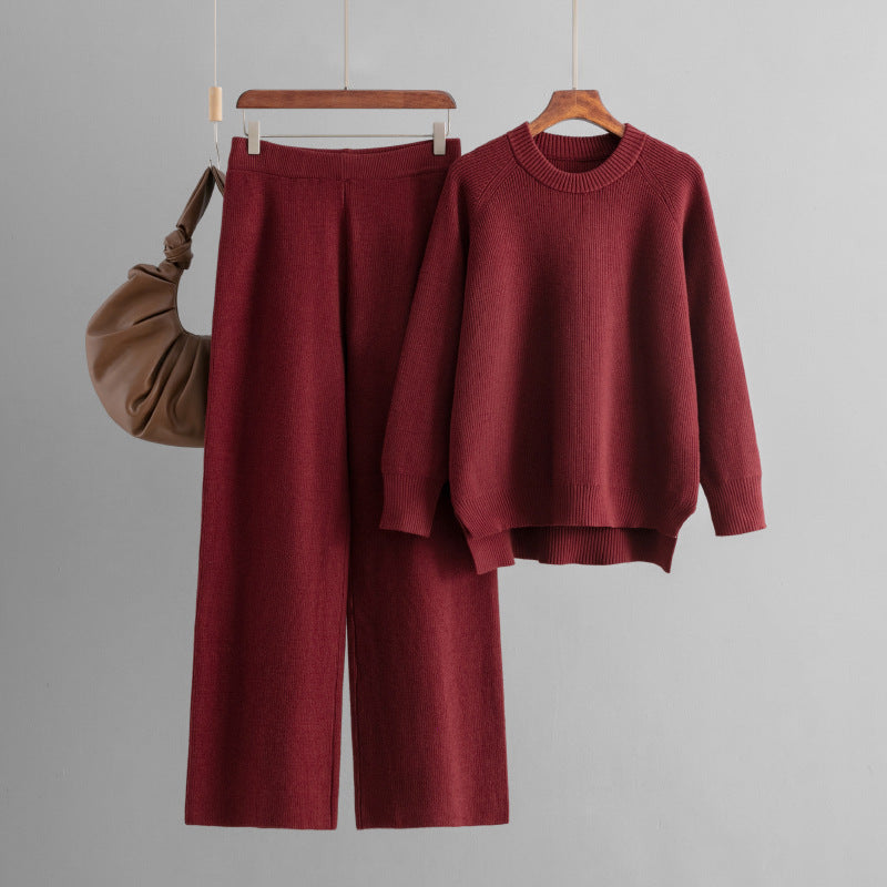 Women's Casual Knit Lounge Set with Wide Top and Comfortable Pants