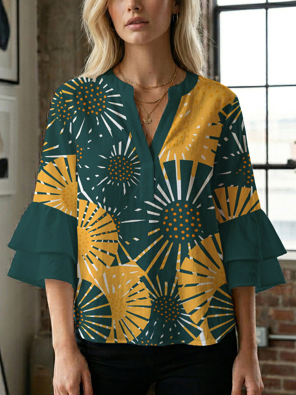 Women's Floral Top with Voluminous Ruffled Sleeves
