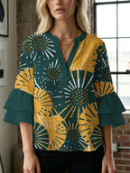 Women's Floral Top with Voluminous Ruffled Sleeves