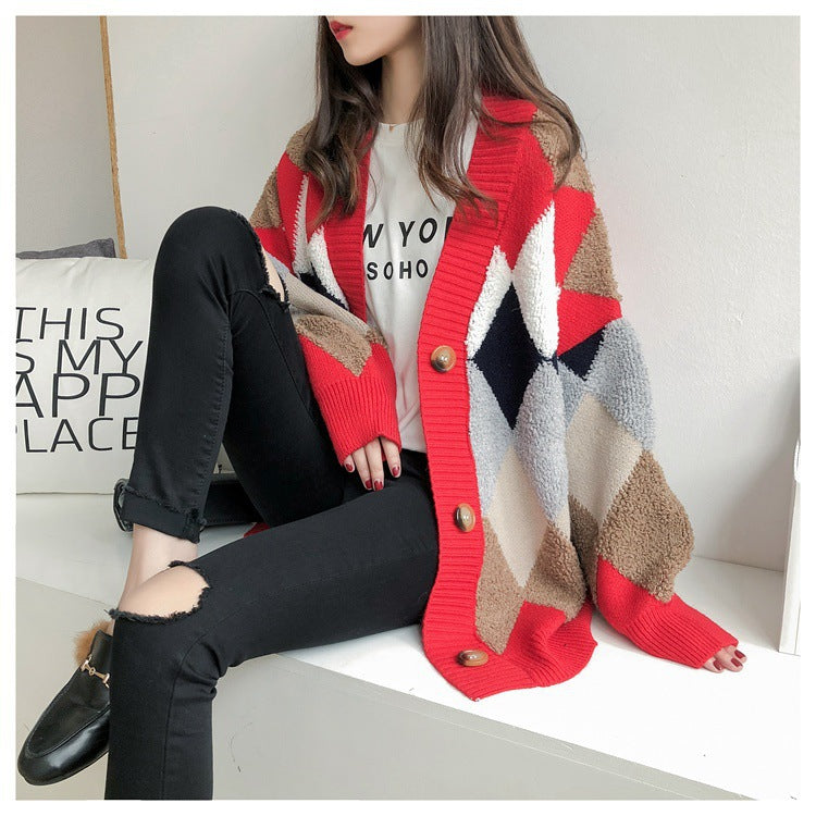 Women's Chunky Knit Cardigan with Geometric Pattern and Pockets