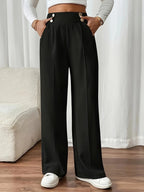Elegant Palazzo Pants with Slim Waistband and Decorative Buttons