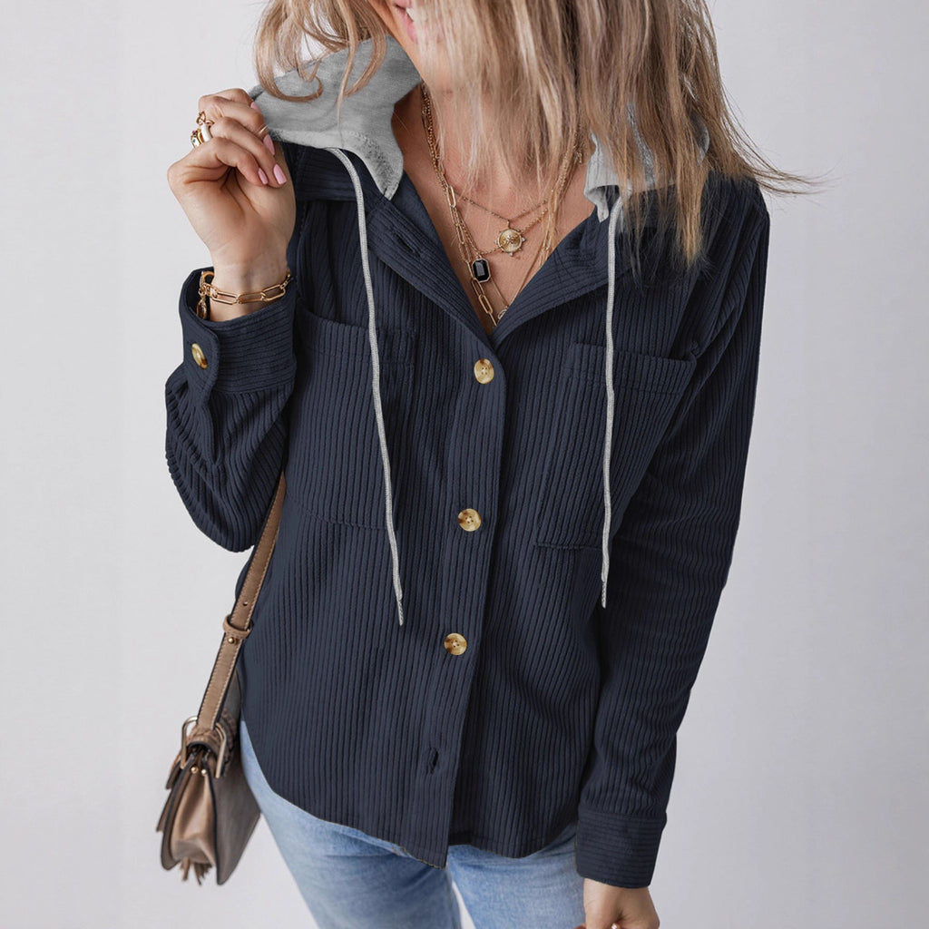 Women's Hooded Blouse with Textured Fabric and Practical Button Details