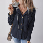 Women's Hooded Blouse with Textured Fabric and Practical Button Details