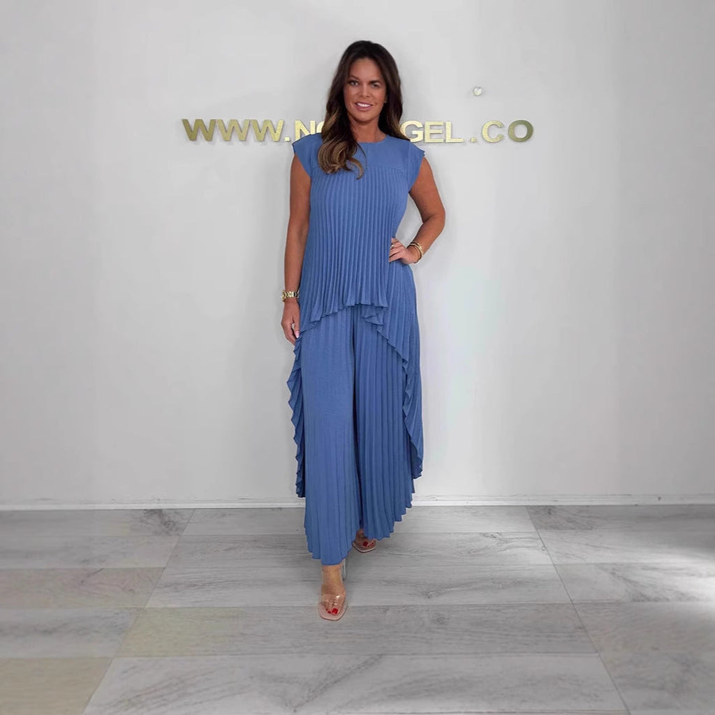 Women's Casual Pleated Pantsuit with Overlapping Top