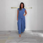 Women's Casual Pleated Pantsuit with Overlapping Top