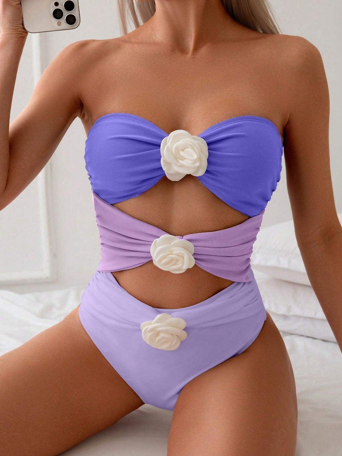 Women's Bandeau Swimsuit with Elegant Ruffles and Floral Accents