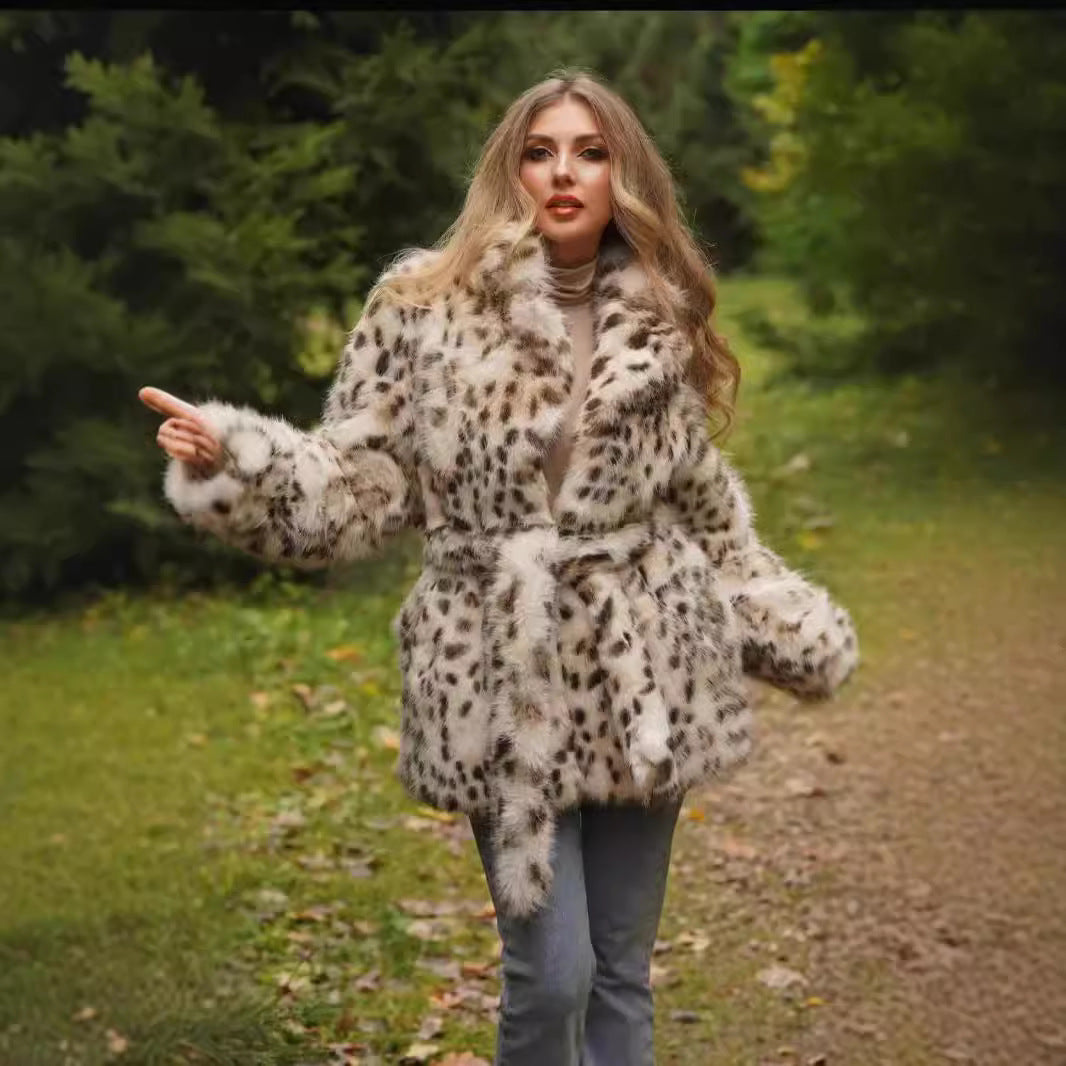 Women's Elegant Faux Fur Coat with Belt and Leopard Print