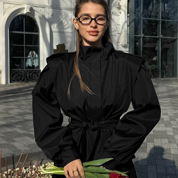 Women's Elegant Utility Jacket with High Collar and Waist Belt