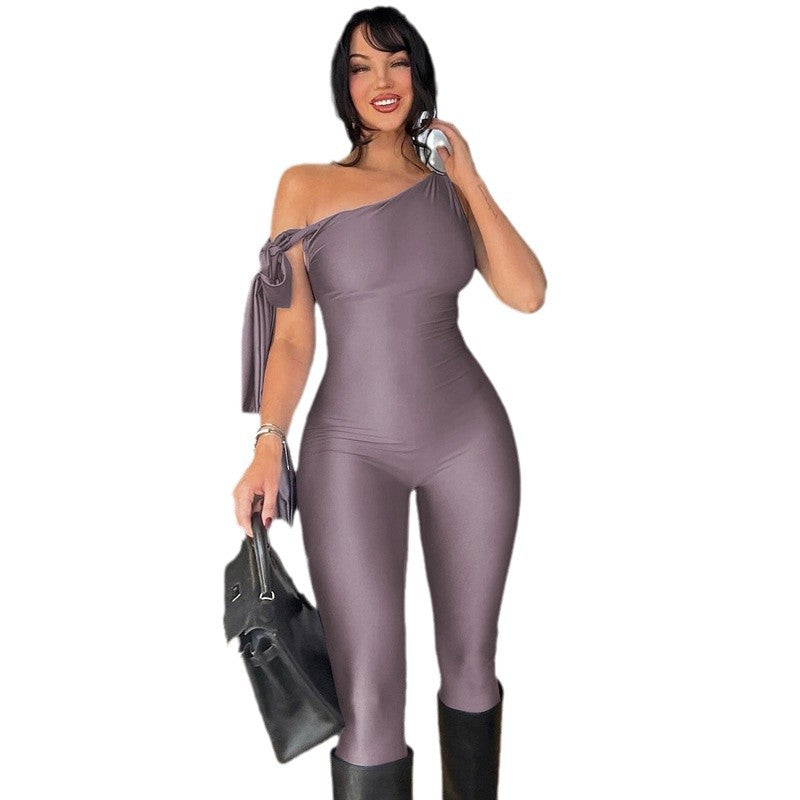 Elegant Women's One-Shoulder Jumpsuit with Fitted Cut and Stylish Knot