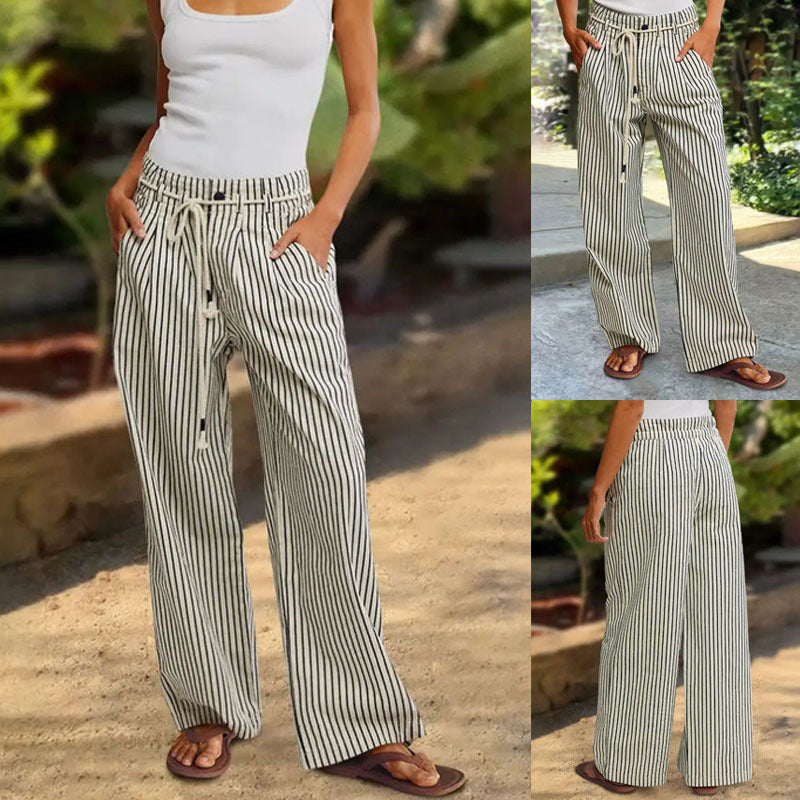 Women's Comfortable Beach Pants with Casual Stripe Pattern and Braided Waistband