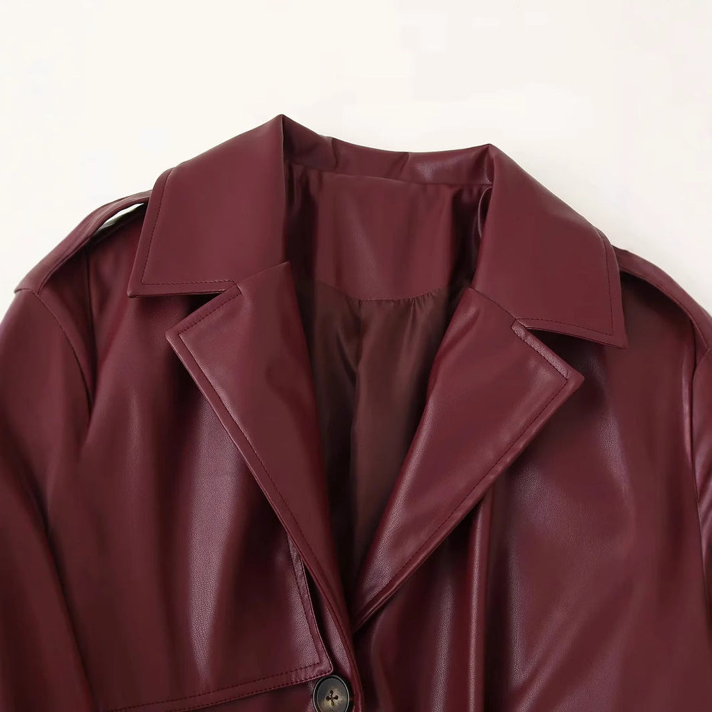 Women's Elegant Faux Leather Trench Coat with Belt