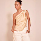 Women's Asymmetrical Satin Top with Draped Hem