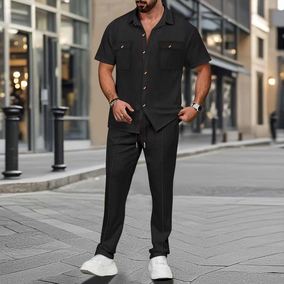 Men's Casual Tracksuit with Camp Shirt and Drawstring Pants