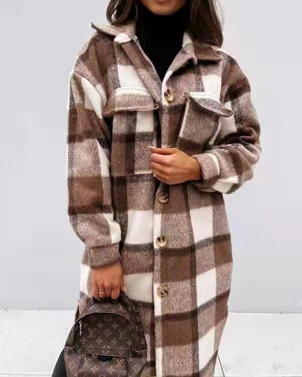 Women's Plaid Oversized Shirt Coat with Pockets