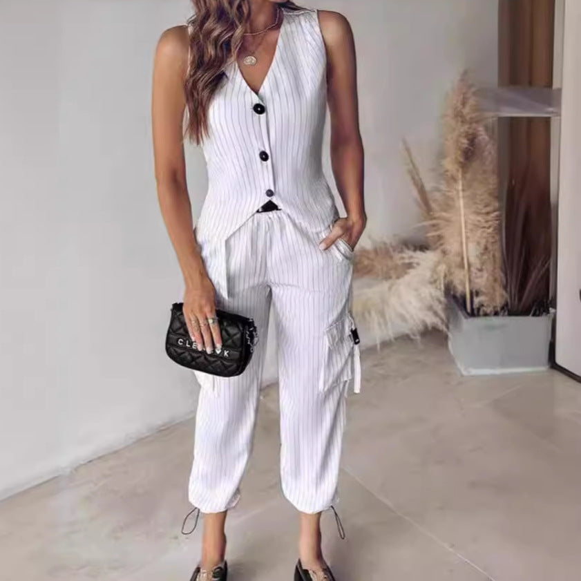 Women's Elegant Striped Suit Set with Casual Fit