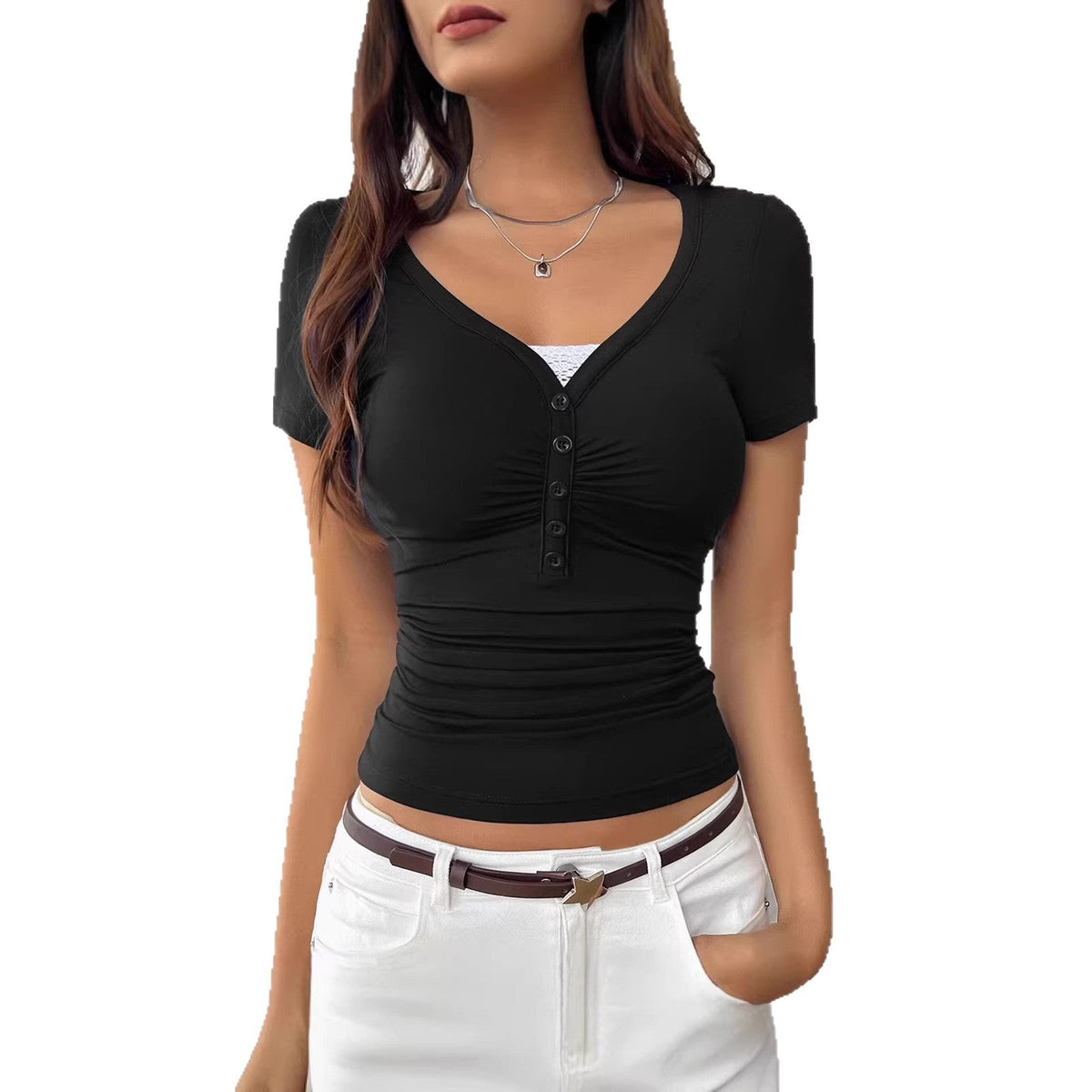 Women's Fitted Short-Sleeve Shirt with Button Placket and Ruching
