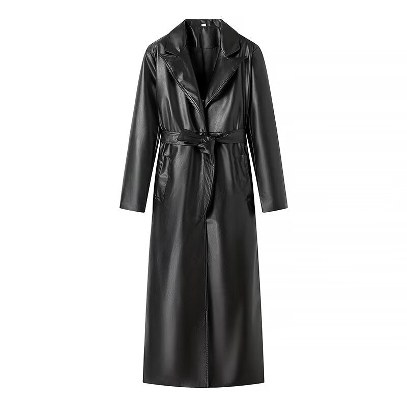 Women's Faux Leather Trench Coat with Belt