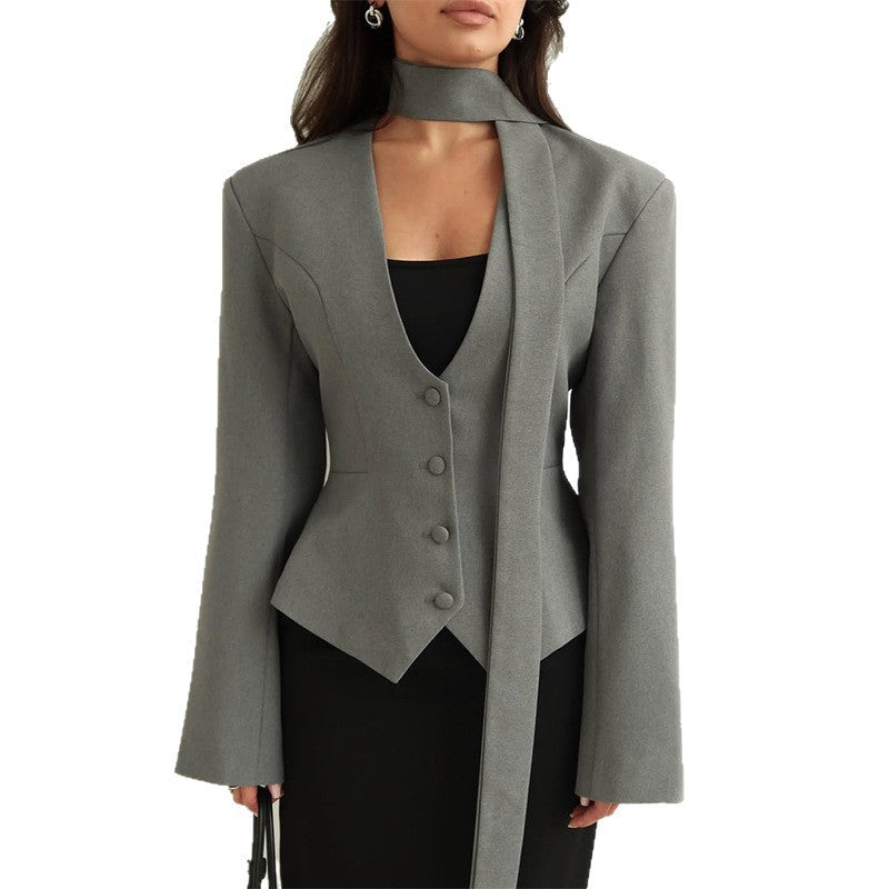 Women's Blazer with High Neck and Voluminous Sleeves